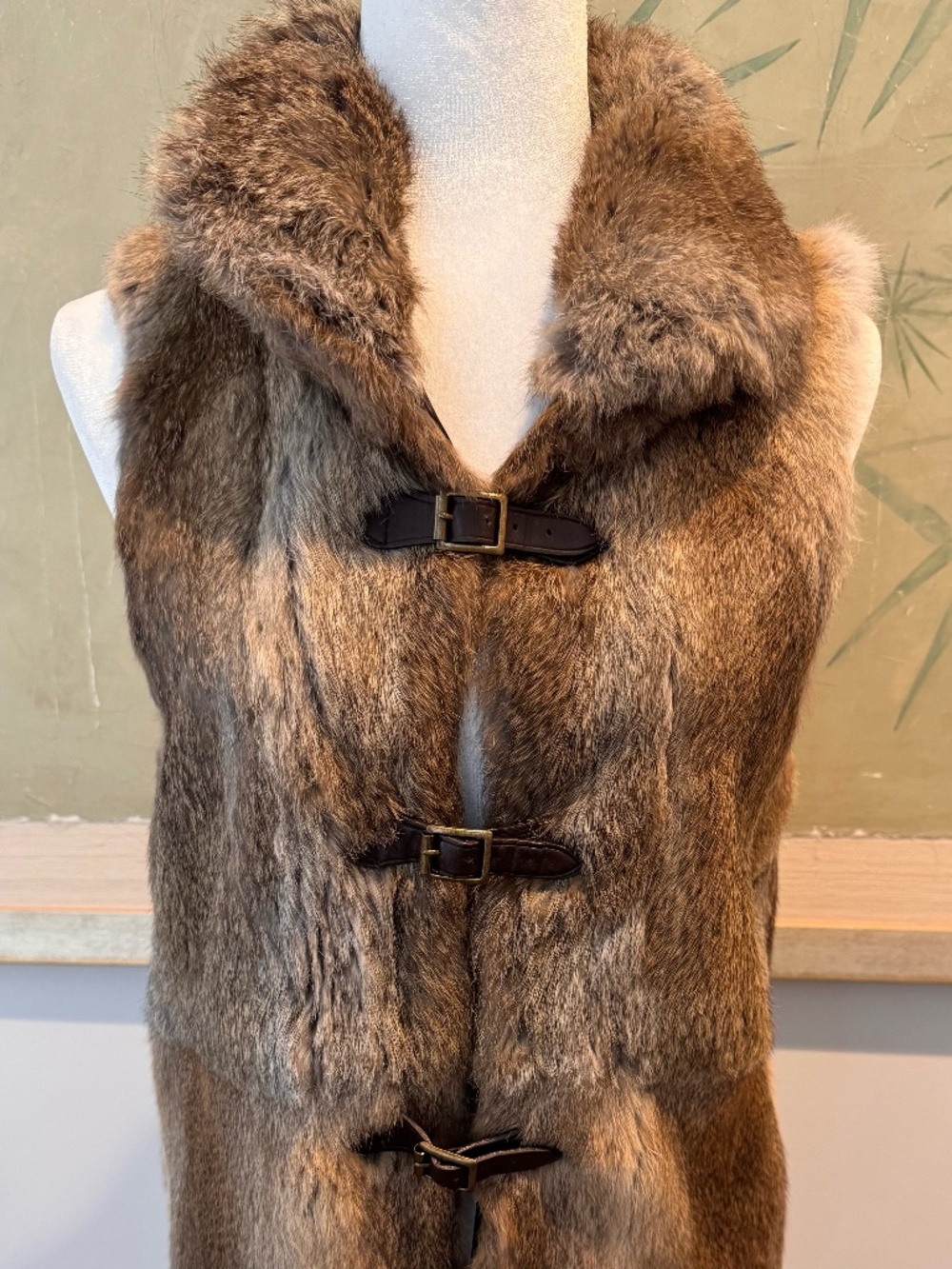 Rabbit Fur Long Vest with Leather Buckle Closures by 525 America